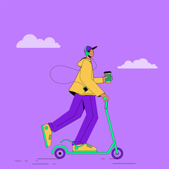 a young man on a scooter listens to music and drinks coffee to go. Morning exercise, serenity. Vector illustration on a purple background.