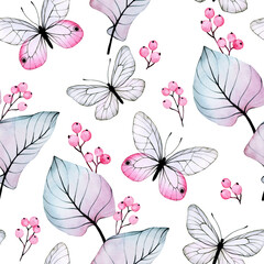 watercolor seamless pattern with transparent flowers and butterflies. pink and blue tropical leaves, butterflies, berries isolated on white background