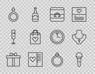 Set line Gift box, Microphone, Wedding rings, Postcard with heart, Male gender symbol, Shopping bag, Diamond engagement and Necklace mannequin icon. Vector