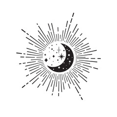 Hand Drawn Half Moon with Sun and Stars Illustration. Vector Celestial Logo. Night Sky Clip Art