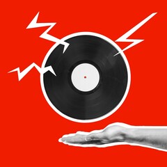 Timelsess music. Composition with retro vinyl record on bright background.