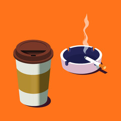 Paper cup of fresh coffee, ceramic ashtray and smoking cigarette. Isometric vector illustration.