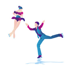 Cartoon illustration  of abstract man and woman skating on ice on white background