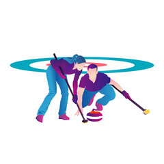 Cartoon illustration of an abstract team playing on a rectangular sheet of ice on a blue background. Curling	