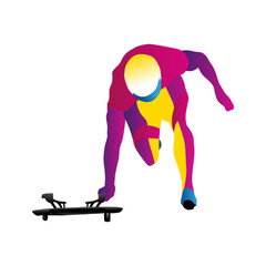 Fototapeta na wymiar Cartoon illustration of an abstract man riding a two-strip sled on an ice chute on blue background. skeleton