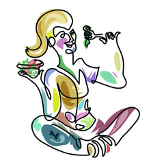 One line drawing of healthy woman eating salad
One continuous line drawing of happy woman enjoying a fresh with healthy salad

