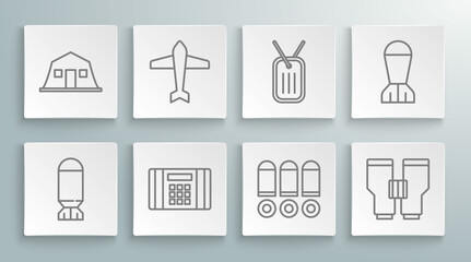 Set line Aviation bomb, Jet fighter, Dynamite, Bullet, Binoculars, Military dog tag, and barracks icon. Vector