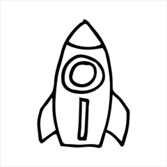 vector drawing in doodle style. rocket. cute childish line drawing, sketch. space rocket.