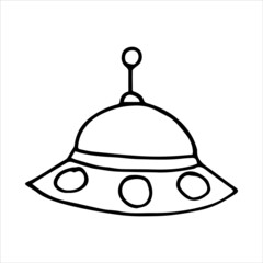 vector drawing in doodle style. Flying saucer. cute childish line drawing, sketch. space flying saucer aliens.