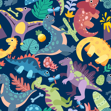 Dark blue seamless pattern with cute cartoon dinosaurs. Background, wallpaper, textile, fabric with funny dino.