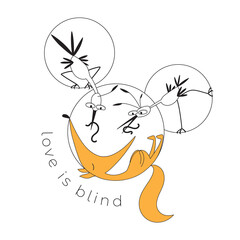 Bird family feeds a baby fox. An ironic vector illustration about love for children