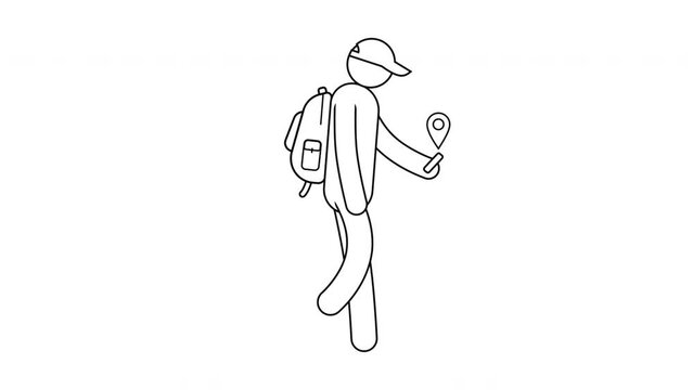 Pictogram man goes with backpack and smartphone with GPS signal. Icon people. Looped animation with alpha channel.
