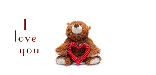 Teddy bear, soft toy. I love you. Red heart, love. St. Valentine's Day. On white background.