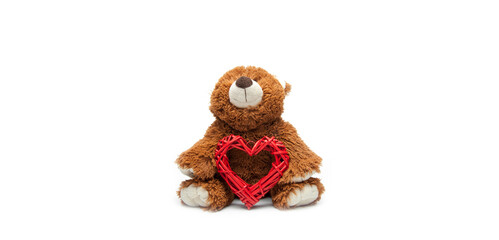 Teddy bear. Red heart, love. St. Valentine's Day. On white background.