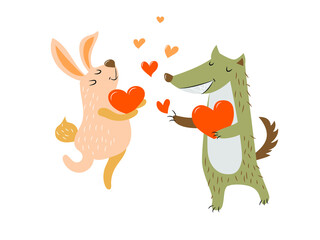 A pair of cute dancing animals in love - a hare and a wolf, holding a heart in their paws.