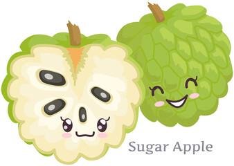Cute sugar apple sticker kawaii vector icon. Adorable cute charming tropical fruit with positive emotions, event or very pleasant situation, japanese culture symbol anime, innocence and childishness