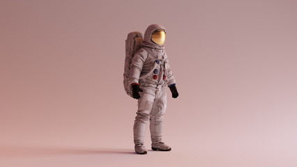 Astronaut with Gold Visor and White Helmet Spacesuit With Warm Background with Neutral Diffused Side Lighting Right Quarter View Cosmonaut Retro Spaceman Spacewoman 3d illustration 3d render © paul