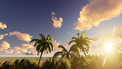 Palm trees with helicopter above the sea, 3D
