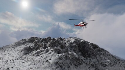 Fototapeta na wymiar 3D, Helicopter above peak mountain in winter time