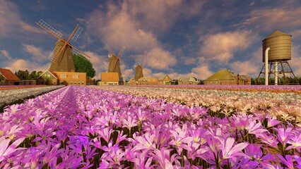 3D, Rows of colorful lilies blossom flowers with wind mills in the background