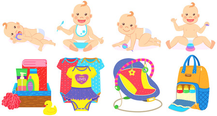 Multinational children, kids playing, baby care objects, newborn items supplies, set of icons. Toys, clothes, devices for transporting, bathing of babies. Babies in diapers crawling, smiling