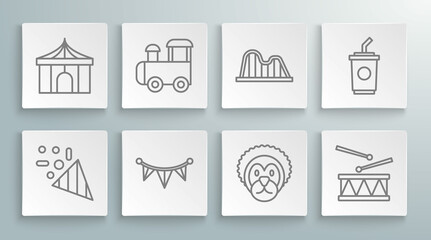 Set line Festive confetti, Toy train, Carnival garland with flags, Wild lion, Drum drum sticks, Roller coaster, Paper glass water and Circus tent icon. Vector