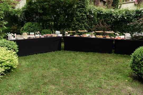 wedding catering on a green lawn. the tables are covered with a black tablecloth and various snacks and fruits and desserts
