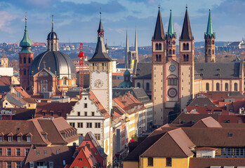 Fototapeta premium Wurzburg, View of the ancient towers in the historical part of the city.