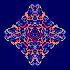 Multicolor ornamental element on a blue background, abstract symmetrical pattern, psychedelic style, hand-drawn on a graphics tablet, for creating patterns, packaging decor, printed products, banners