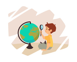 Little kid explores Earth globe with magnifier glass, flat vector illustration isolated on white background.