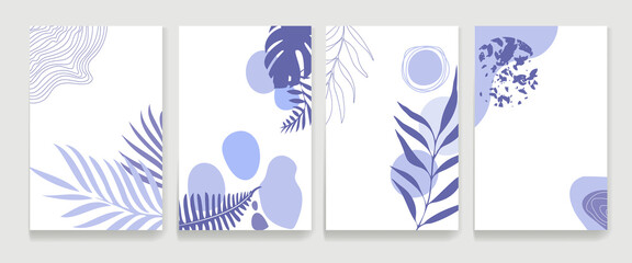 A set of abstract purple banners in a trendy very peri palette. Minimalist leaves and plants banners with space for text
