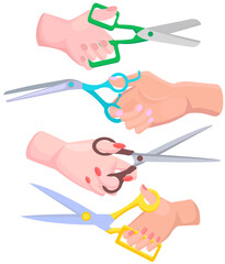 Various shapes scissors set. Tool made of blades and handles to cut. Equipment for creativity, cutting. Iron scissors with colorful handles isolated on white. Sharp cutting tool in human hands