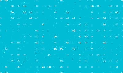 Seamless background pattern of evenly spaced white 6G symbols of different sizes and opacity. Vector illustration on cyan background with stars