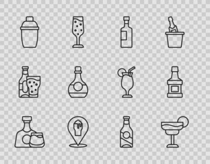 Set line Whiskey bottle and glass, Cocktail, Wine, Alcohol or beer bar location, shaker, Bottle of cognac brandy, Beer and icon. Vector