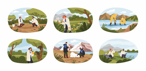 Ecologists scientists taking care of Earth and nature concept. Researchers taking care of ecology and environment. Air, soil and water protection. Professional ecological activist scenes set