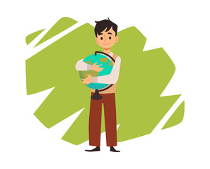 Student hugging the globe in schools, flat vector illustration isolated on white background.