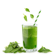 Green vegetarian fitness smoothie made of raw spinach leaves which are source of vitamins and...