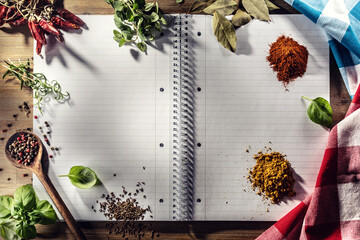 Open notebook with spices and herbs: chili, oregano, curry, basil, cummin ,bay leaf, and rosemary
