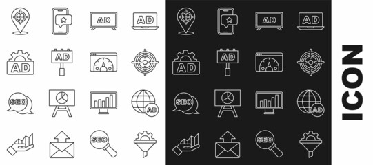 Set line Sales funnel with gear, Advertising, Target, and Website statistic icon. Vector
