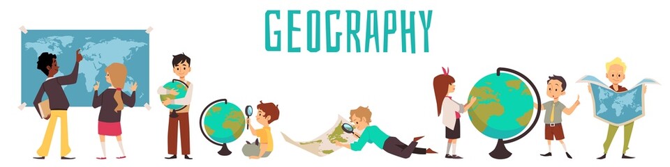 Geography class banner with kids studying the globe and world map, flat vector illustration on white background. © sabelskaya