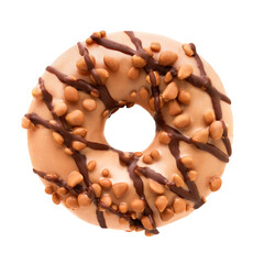 Donut in milk chocolate glaze with nuts isolated over white background with clipping path. Flat lay
