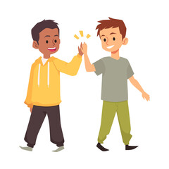 Boys give each other high five as symbol of friendship, flat vector illustration isolated on white background.