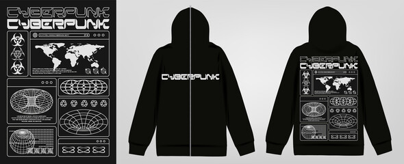 Modern poster with text "Cyberpunk", print on zip hoodie. In Techno style, stylish print for streetwear, print for t-shirts and hoodies, isolated on black background