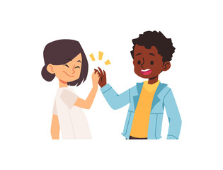 Happy children give each other high five, flat vector illustration isolated on white background.