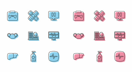 Set line Human organ liver, Antibacterial soap, X-ray shots with broken bone, Heart rate, Hospital building, Monitor cardiogram, Medical protective mask and Crossed bandage plaster icon. Vector