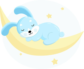 Cartoon baby rabbit sleeping on the moon. Children  print illustration.