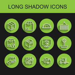 Set line Delivery hand with box, Plane cardboard, Carton, Forklift truck, Scale and Location icon. Vector