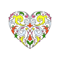 Bright abstract lacy heart. Beautiful contour floral pattern, romantic card design element.