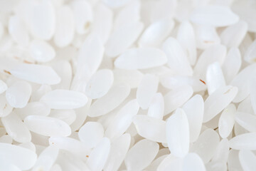 Fototapeta na wymiar White long rice close up background, uncooked raw cereals, macro