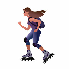 Fototapeta na wymiar Long haired Girl with a backpack is rollerblading. Isolated Vector illustration for mockup or flat design advertising banner.